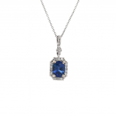 Blue Sapphire Oval 0.72 Carat Pendant with Accent Diamonds in 14K White Gold ( Chain Not Included )