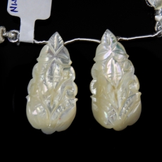 Carved Mother Of Pearl Drops Leaf Shape 35x17mm Drilled Beads Matching Pair