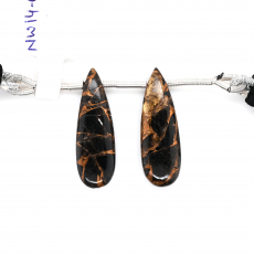 Copper Black Obsidian Drops Almond Shape 25x8mm Drilled Bead Matching Pair