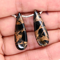 Copper Black Obsidian Drops Almond Shape 30x10mm Drilled Bead Matching Pair