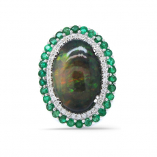 Ethiopian Black Opal Cab Oval 14.59 Carat Cocktail Ring In 14K White Gold Accented With Diamonds And Emeralds
