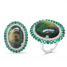 Ethiopian Black Opal Cab Oval 14.59 Carat Cocktail Ring In 14K White Gold Accented With Diamonds And Emeralds