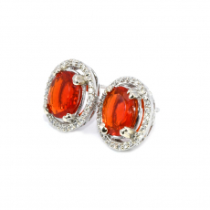 Fire Opal Oval 3.66 Carat Stud Earrings In 14K White Gold Accented With Diamonds