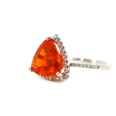 Fire Opal Trillion Shape 3.73 Carat Ring In 14K White Gold Accented With Diamonds