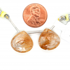 Golden Rutile Drops Heart Shape 17x17mm Drilled Bead Matching Pair