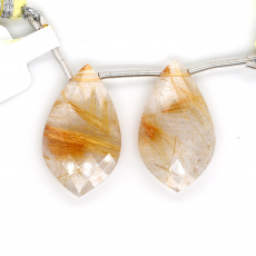 Golden Rutile Drops Leaf Shape 28x16mm Drilled Bead Matching Pair