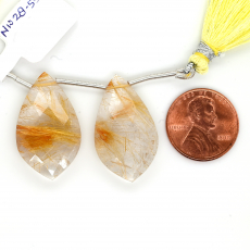 Golden Rutile Drops Leaf Shape 28x16mm Drilled Bead Matching Pair