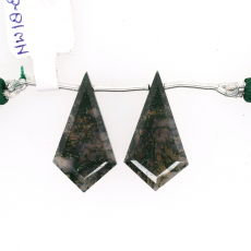 Green Moss Agate Drops Shield Shape 28x15mm Drilled Bead Matching Pair