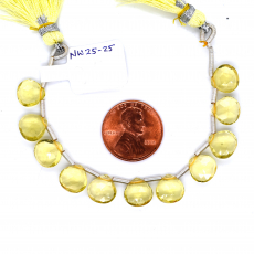Lemon Quartz Drops Heart Shape 8x8mm Drilled Beads 11 Pieces Line