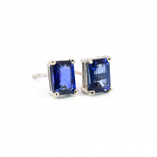 Nigerian Blue Sapphire Emerald Cut 2.41 Carat Stud Earring In 14K White Gold