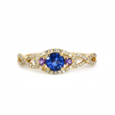 Nigerian Blue Sapphire Round 0.50 Carat Ring In 14K Yellow Gold Accented With Diamonds And Amethyst