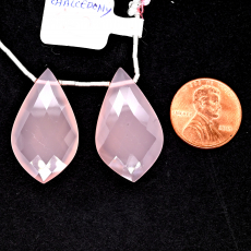 Pink Chalcedony Drops Leaf Shape 30x17mm Drilled Bead Matching Pair
