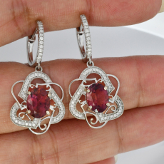 Pink Tourmaline Oval 3.54 Carat Danglers Earrings In 14K White Gold Accented With Diamonds