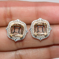 Square Cushion 8mm Earring Semi Mount in 14K Dual Tone (White/Yellow) Gold With White Diamonds