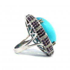 Turquoise Cab Oval 28.70 Carat Cocktail Ring In 14K White Gold Accented With Diamonds And Purple Sapphire