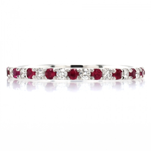 0.21 Carat Burmese Ruby and 0.15 Carat White Diamond Half Eternity Stackable Ring Band In 14K White Gold