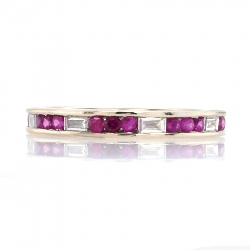 0.49 Carat Burmese Ruby With Baguette  Diamond Channel Set Ring Band In 14K White Gold