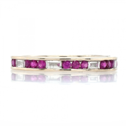 0.49 Carat Burmese Ruby With Baguette  Diamond Channel Set Ring Band In 14K White Gold