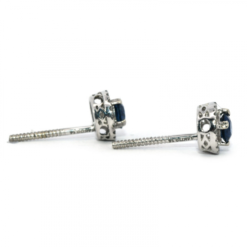 Ceylon Blue Sapphire Round 0.51 Carat Stud Earring In 14K White Gold Accented With Diamonds