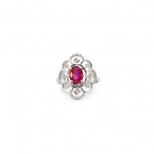 Madagascar Ruby Oval 1.70 Carat Ring In14k White Gold With Accented Diamonds