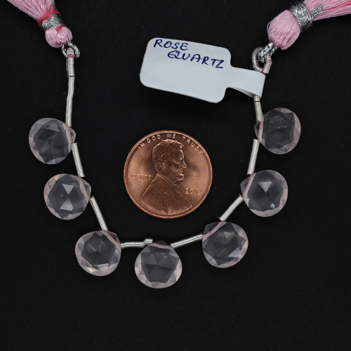 Rose Quartz Drops Heart Shape 10x10mm Drilled Beads 7 Pieces Line