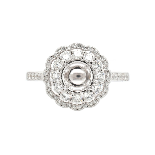 Round 6mm Flower Halo Ring Semi Mount in 14K White Gold With White Diamond