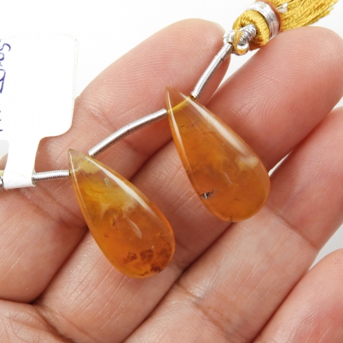 Yellow Plume Agate Drops Almond Shape 25x11mm Drilled Beads Matching Pair