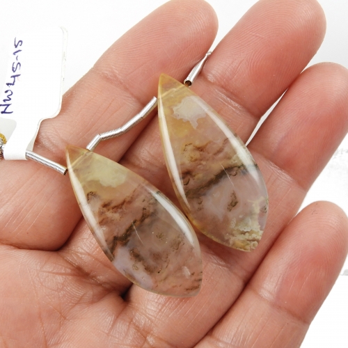 Yellow Plume Agate Drops Leaf Shape 36x16mm Drilled Beads Matching Pair