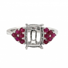 Emerald Cushion 9x6.5mm Ring Semi Mount In 14K White Gold With Burmese Ruby Accents