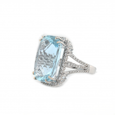 Aquamarine Cushion Shape 17.88 Carat Ring In 14K White Gold With Accent Diamonds