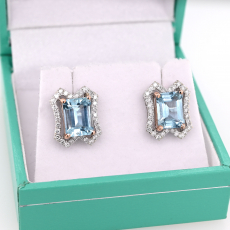 Aquamarine Emerald Cut 2.85 Carat Earrings in 14K Dual Tone (White/Rose) Gold with Accent Diamonds