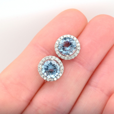 Aquamarine Round 2.57 Carat Earrings In 14k White Gold With Accent Diamonds