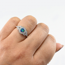 Australian Boulder Opal Round 0.24 Carat Ring In 14K White Gold With Accented Diamonds