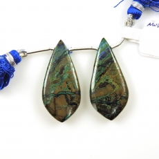 Azurite Malachite Drops Leaf Shape 36x17mm Drilled Beads Matching Pair
