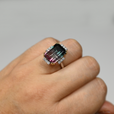 Bi Color Tourmaline Emerald Cut 8.53 Carat Ring In 14K Dual Tone(White/Yellow)Gold Accented With Diamonds