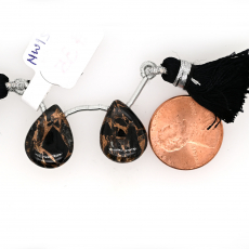 Black Copper Obsidian Drop Almond Shape 16x12mm Drilled Bead Matching Pair