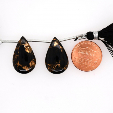 Black Copper Obsidian Drop Almond Shape 23x14mm Drilled Bead Matching Pair