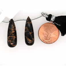 Black Copper Obsidian Drop Briolette Shape 26x9mm Drilled Bead Matching Pair
