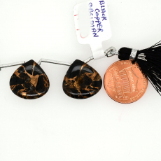 Black Copper Obsidian Drop Heart Shape 17x17mm Drilled Bead Matching Pair