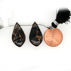 Black Copper Obsidian Drop Leaf Shape 24x13mm Drilled Bead Matching Pair