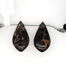 Black Copper Obsidian Drop Leaf Shape 24x13mm Drilled Bead Matching Pair