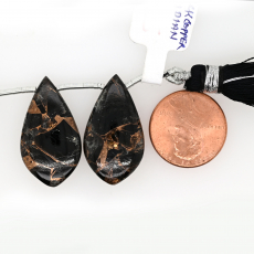 Black Copper Obsidian Drop Leaf Shape 25x15mm Drilled Bead Matching Pair