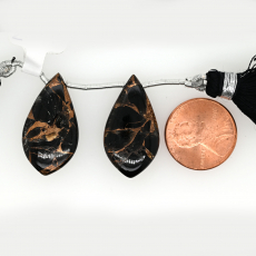 Black Copper Obsidian Drop Leaf Shape 27x15mm Drilled Bead Matching Pair