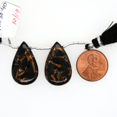 Black Copper Obsidian Drops Almond Shape 26x16mm Drilled Bead Matching Pair