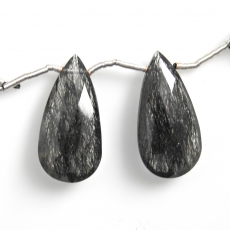 Black Rutilated Quartz Drops Almond  Shape 28x14mm Drilled Beads Matching Pair