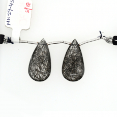 Black Rutilated Quartz Drops Almond Shape 25x13mm Drilled Beads Matching Pair