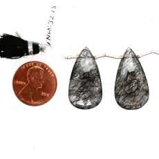 Black Rutilated Quartz Drops Almond Shape 27x15 mm Drilled Beads Matching Pair