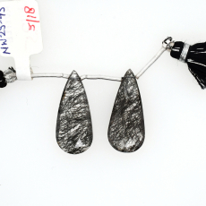 Black Rutilated Quartz Drops Almond Shape 28x12 mm Drilled Beads Matching Pair