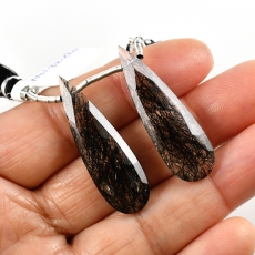 Black Rutilated Quartz Drops Almond Shape 37x11mm Drilled Beads Matching Pair