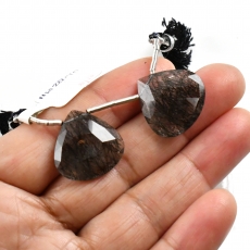 Black Rutilated Quartz Drops Heart Shape 20x20mm Drilled Beads Matching Pair
